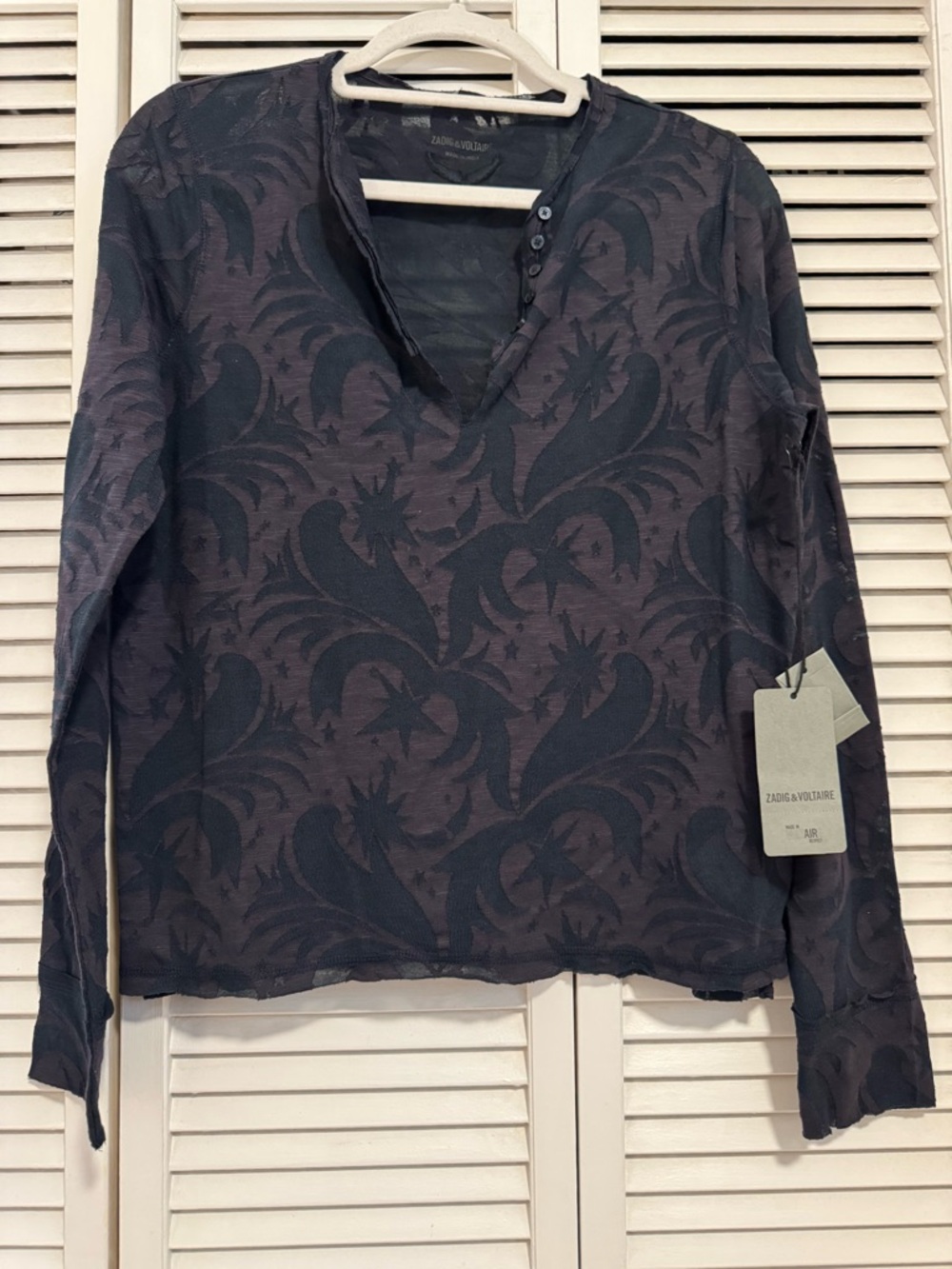 🆕 ZADIG & VOLTAIRE “Tuni” Long Sleeve Henley Top in Dark Purple/Navy - L - Picture 6 of 16